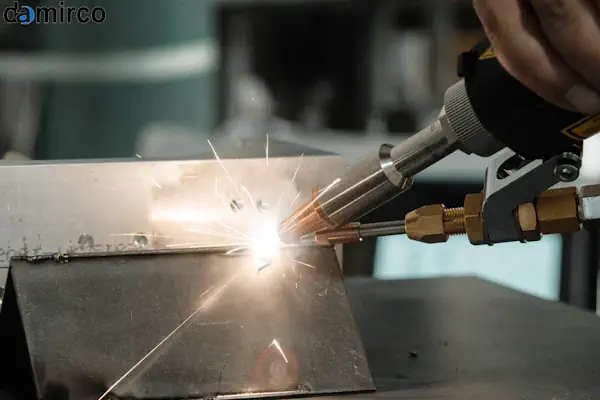 یک دستگاه جوش لیزری در حال کار بر روی یک قطعه فلزی با دقت بالا