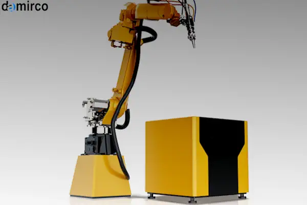 دستگاه جوش لیزر صنعتی در حال کار و ایجاد یک اتصال دقیق و تمیز روی قطعه فلزی.