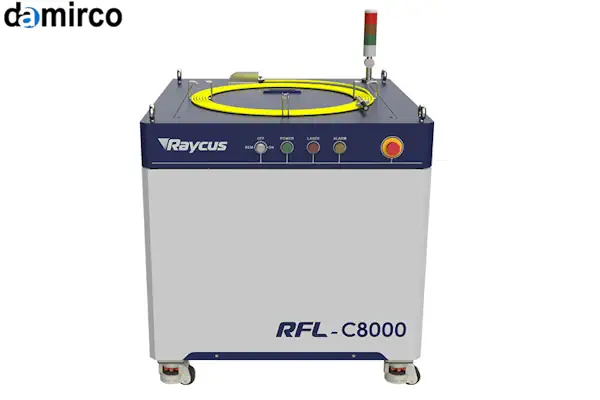 نمای نزدیک از یک سورس لیزر رایکاس (Raycus) که در دستگاه برش لیزر فایبر صنعتی استفاده می شود