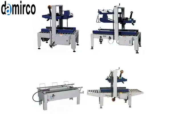 تصویر سه نوع دستگاه چسب زن کارتن دستی، نیمه اتوماتیک و تمام اتوماتیک در یک کارخانه