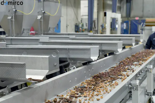 یک دستگاه انتقال دهنده ویبره از جنس استیل ضد زنگ در حال جابجایی مواد غذایی خشک در یک کارخانه