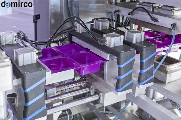 تصویری از یک دستگاه فرم فیل سیل پیشرفته در حال کار در یک کارخانه مواد غذایی