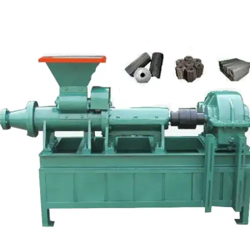 عکس دستگاه تولید زغال فشرده سبز رنگ در کنار زغال فشرده