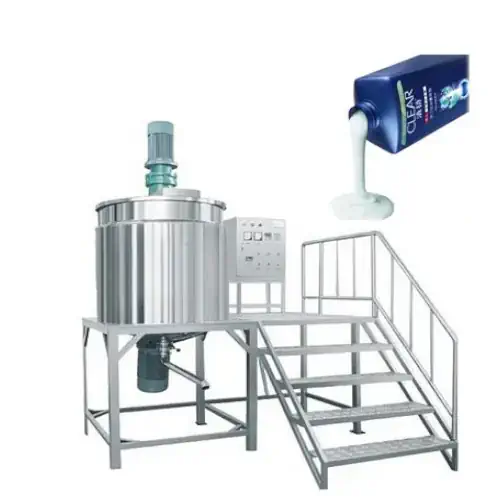 عکس شامپوی اکتیو با جلد آبی در گوشه بالا سمت راست و میکسر هموژنایزر تولید شامپو و صابون مایع